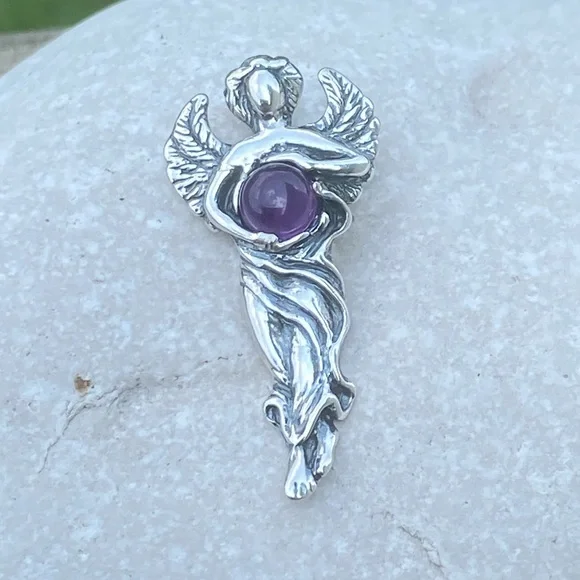Dream Angel Pendant solid .925 Sterling Silver w/ genuine Amethyst made in USA - Picture 9 of 12